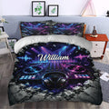 Neon DJ duvet cover bedding set styled in a contemporary bedroom with turntables, headphones, and colorful stage lights