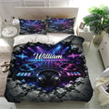 Vibrant DJ bedding set presented in a bright bedroom with matching pillowcases, turntables, headphones, and mixer artwork