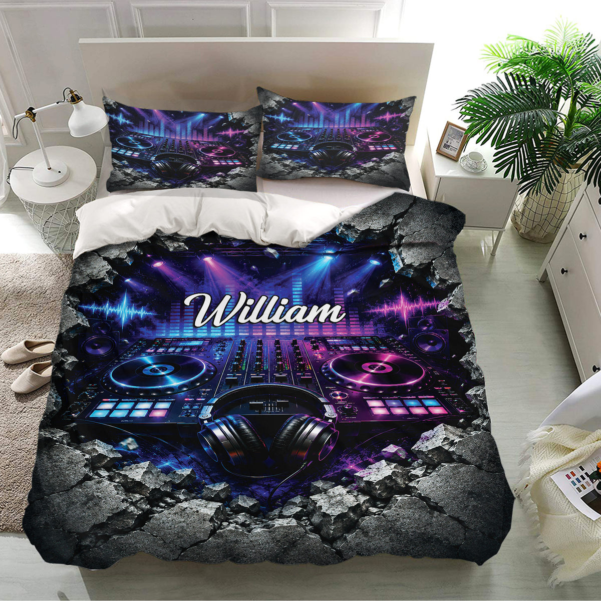 Vibrant DJ bedding set presented in a bright bedroom with matching pillowcases, turntables, headphones, and mixer artwork