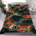 DJ duvet cover set featuring vintage turntables, vinyl records, and a bold teal, orange, and gold bedroom design