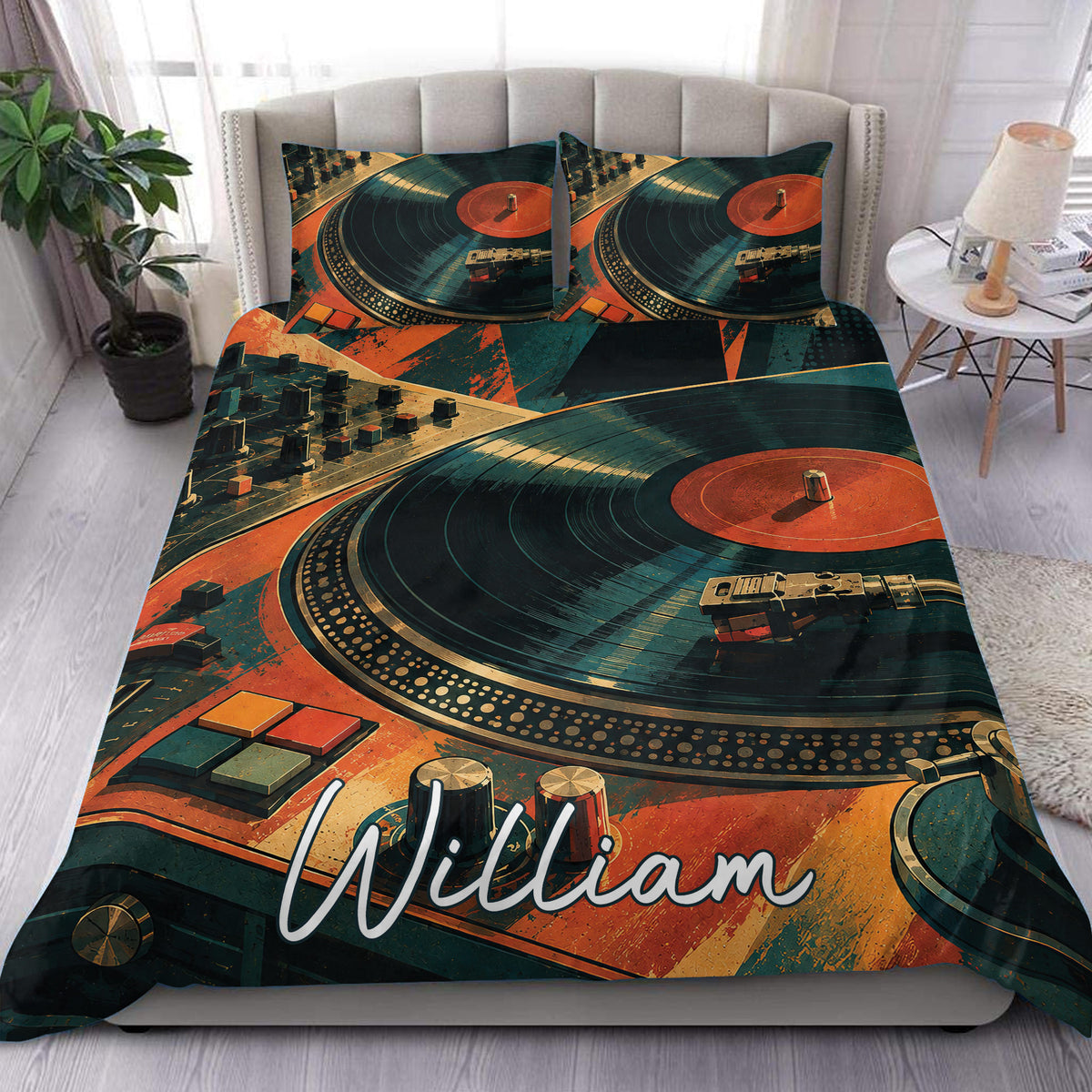 DJ duvet cover set featuring vintage turntables, vinyl records, and a bold teal, orange, and gold bedroom design