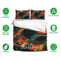 DJ bedding set displayed on a bed with vinyl record artwork, turntables, and breathable fabric feature icons