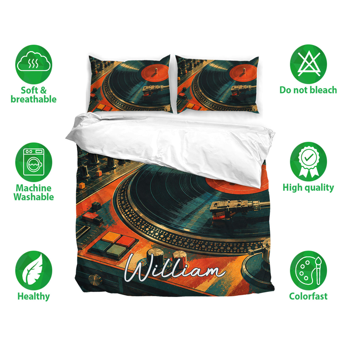 DJ bedding set displayed on a bed with vinyl record artwork, turntables, and breathable fabric feature icons