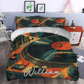 DJ bedding set styled in a modern bedroom with retro turntable artwork and bold teal and orange decor