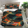 DJ duvet cover set in a bright bedroom featuring vinyl records, a mixing console, turntables, and colorful artwork