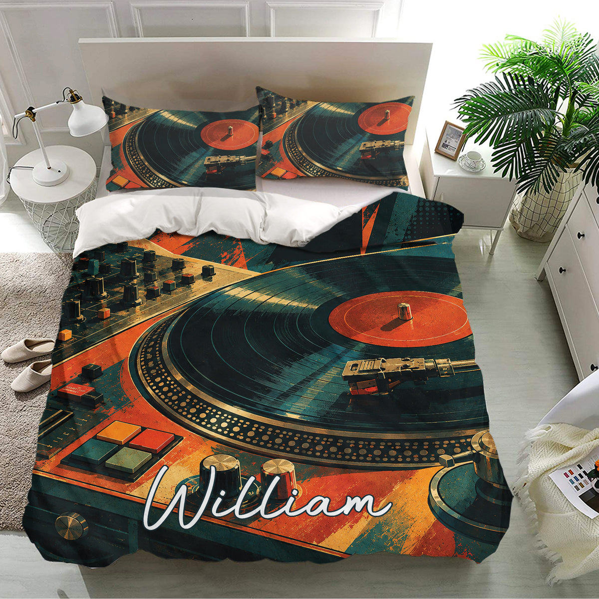 DJ duvet cover set in a bright bedroom featuring vinyl records, a mixing console, turntables, and colorful artwork