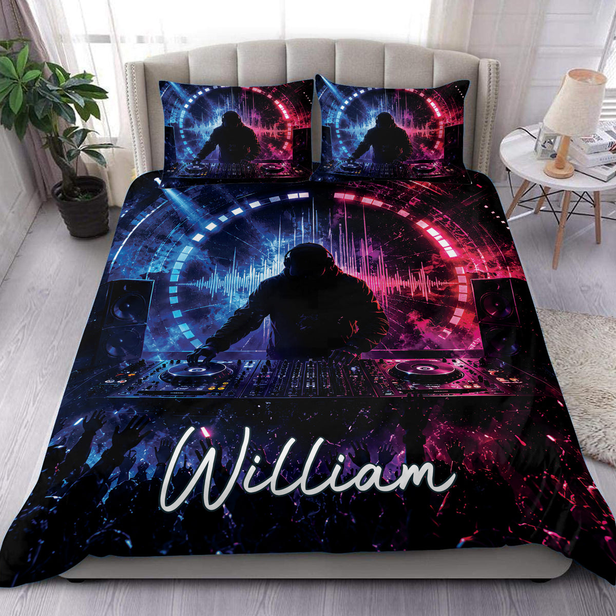 DJ duvet cover set displayed on a bed with neon blue and pink turntable artwork