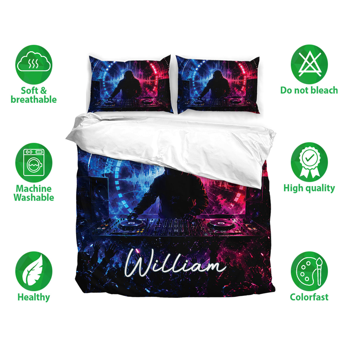 DJ bedding set with colorful turntable artwork, matching pillowcases, and a bold music theme