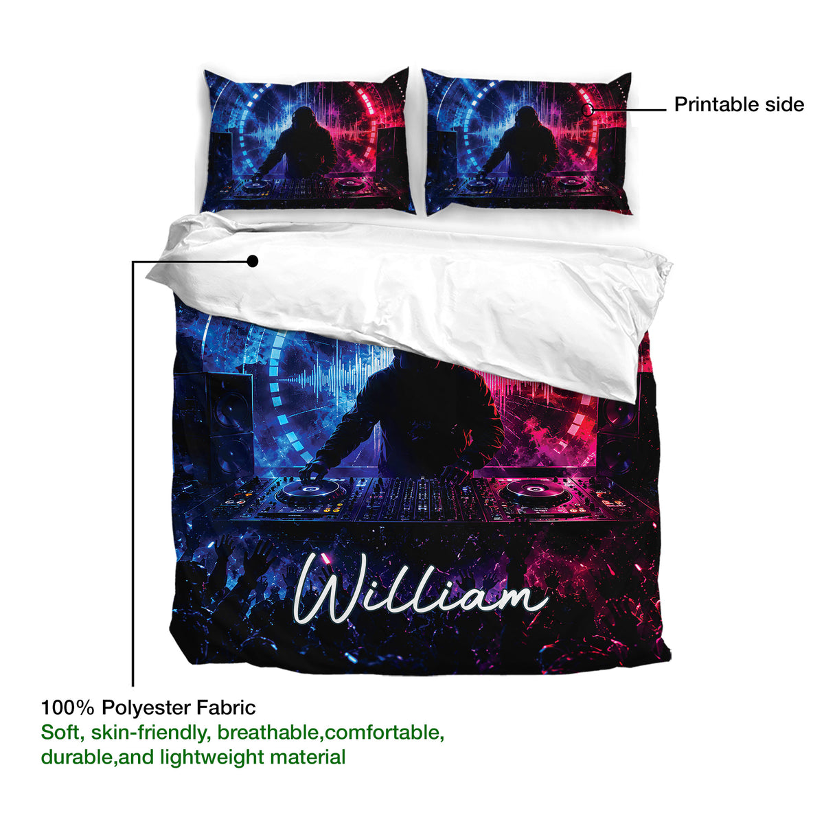 DJ duvet cover set showing the printed side with turntables, speakers, neon waves, and crowd silhouettes