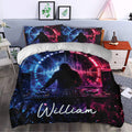 DJ duvet cover bedding set styled in a bedroom with vivid blue and pink music artwork