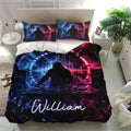 DJ bedding set displayed in a bright bedroom with matching pillowcases and neon turntable design