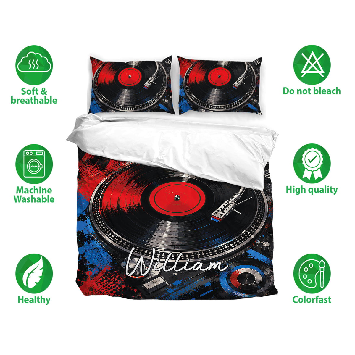 DJ bedding set with turntable artwork shown with matching pillowcases and soft, breathable fabric features