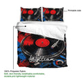 DJ duvet cover set detail showing turntable artwork, matching pillowcases, and lightweight polyester fabric