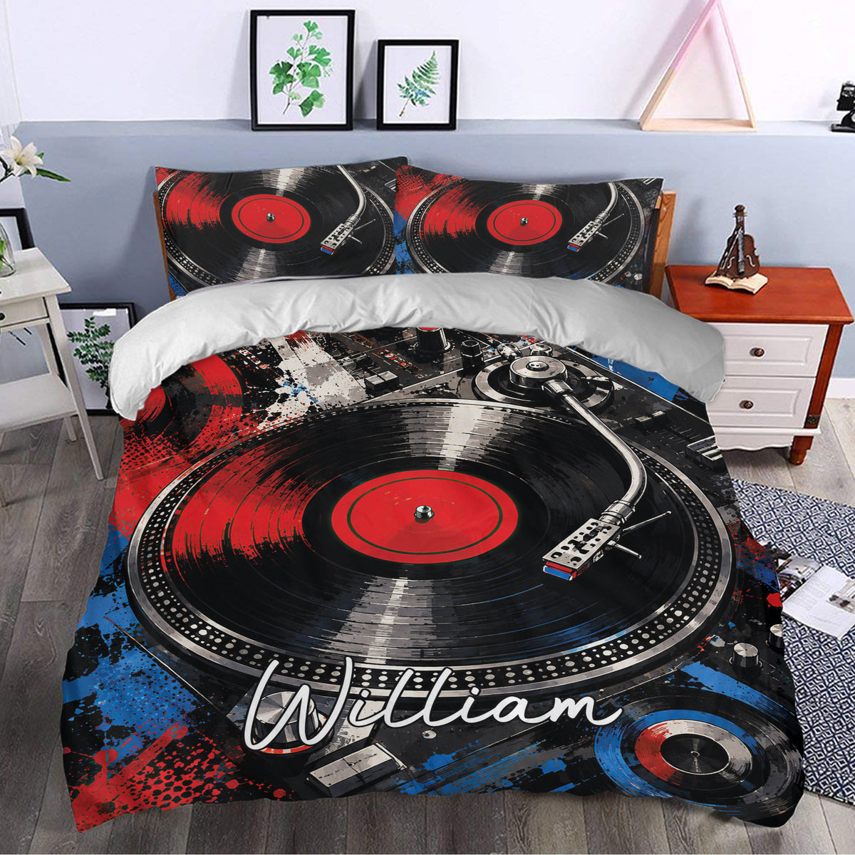 DJ duvet cover bedding set styled in a music-themed bedroom with vinyl records and turntable artwork