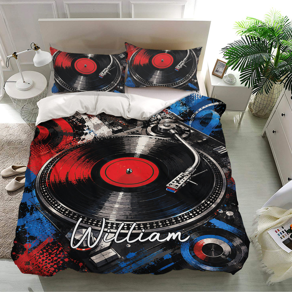 DJ bedroom decor featuring a bold red, black, and blue turntable duvet cover with matching pillowcases