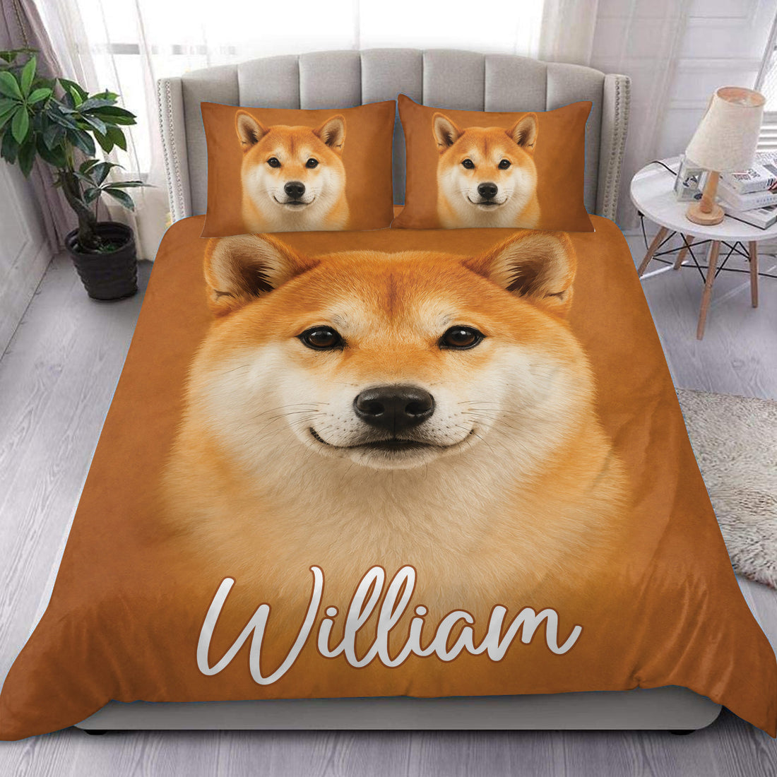 Orange Shiba Inu duvet cover set displayed on a modern bed with matching dog portrait pillowcases