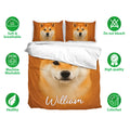 Shiba Inu duvet cover bedding set shown with matching pillowcases and breathable care feature icons