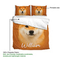 Shiba Inu duvet cover set closeup showing the orange dog artwork and soft polyester fabric detail
