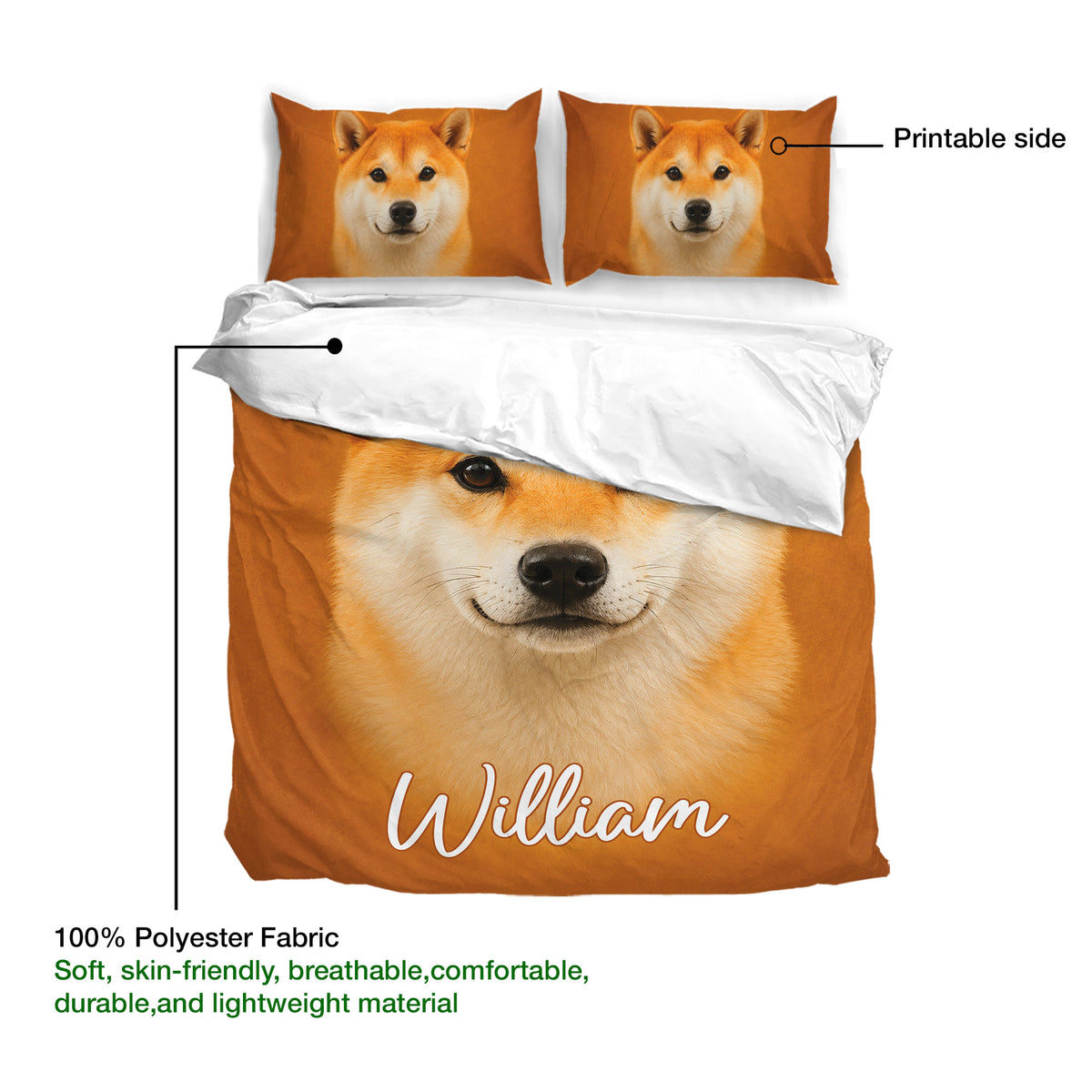 Shiba Inu duvet cover set closeup showing the orange dog artwork and soft polyester fabric detail
