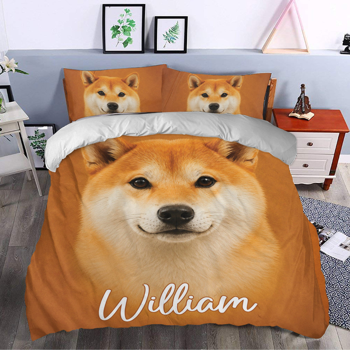 Shiba Inu duvet cover bedding set styled in a bright bedroom with a large dog portrait design