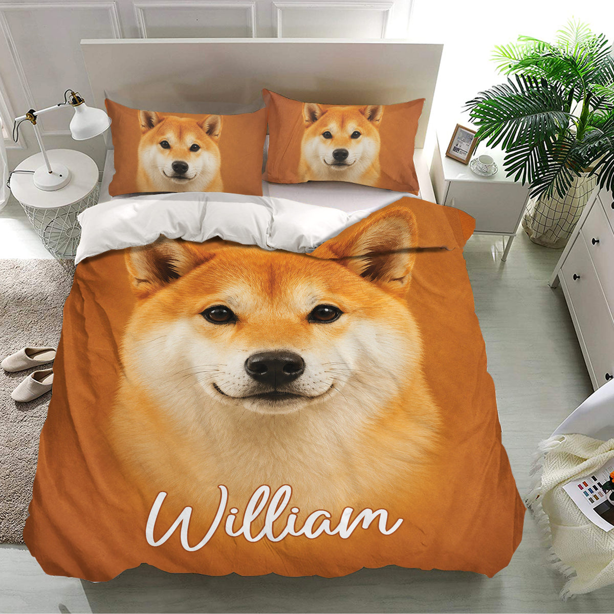 Orange Shiba Inu bedding set presented in a contemporary bedroom with matching portrait pillowcases