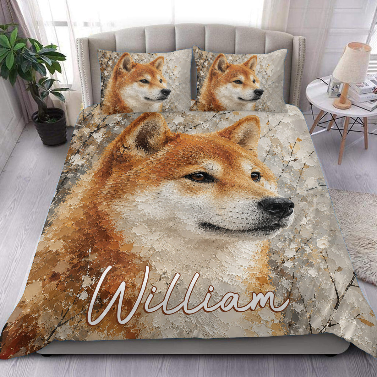 Shiba Inu duvet cover set displayed on a bed with expressive dog artwork in warm orange and cream tones