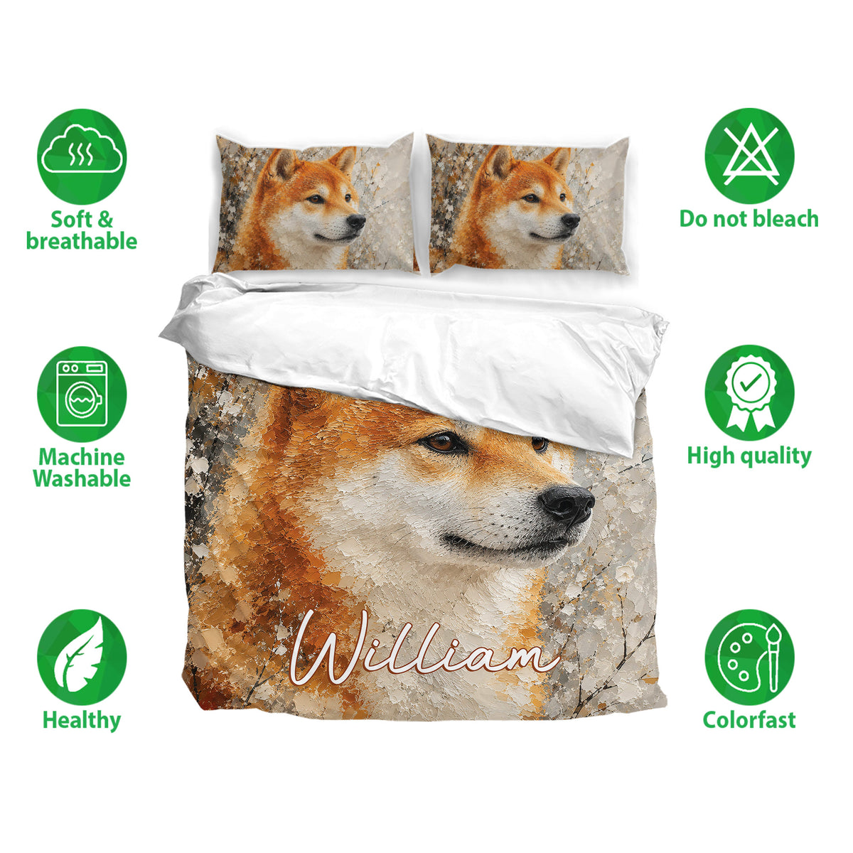 Shiba Inu bedding set with matching pillowcases and detailed orange dog artwork in a painterly style