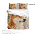 Shiba Inu duvet cover and pillowcases showing the printed side, soft neutral background, and large dog portrait