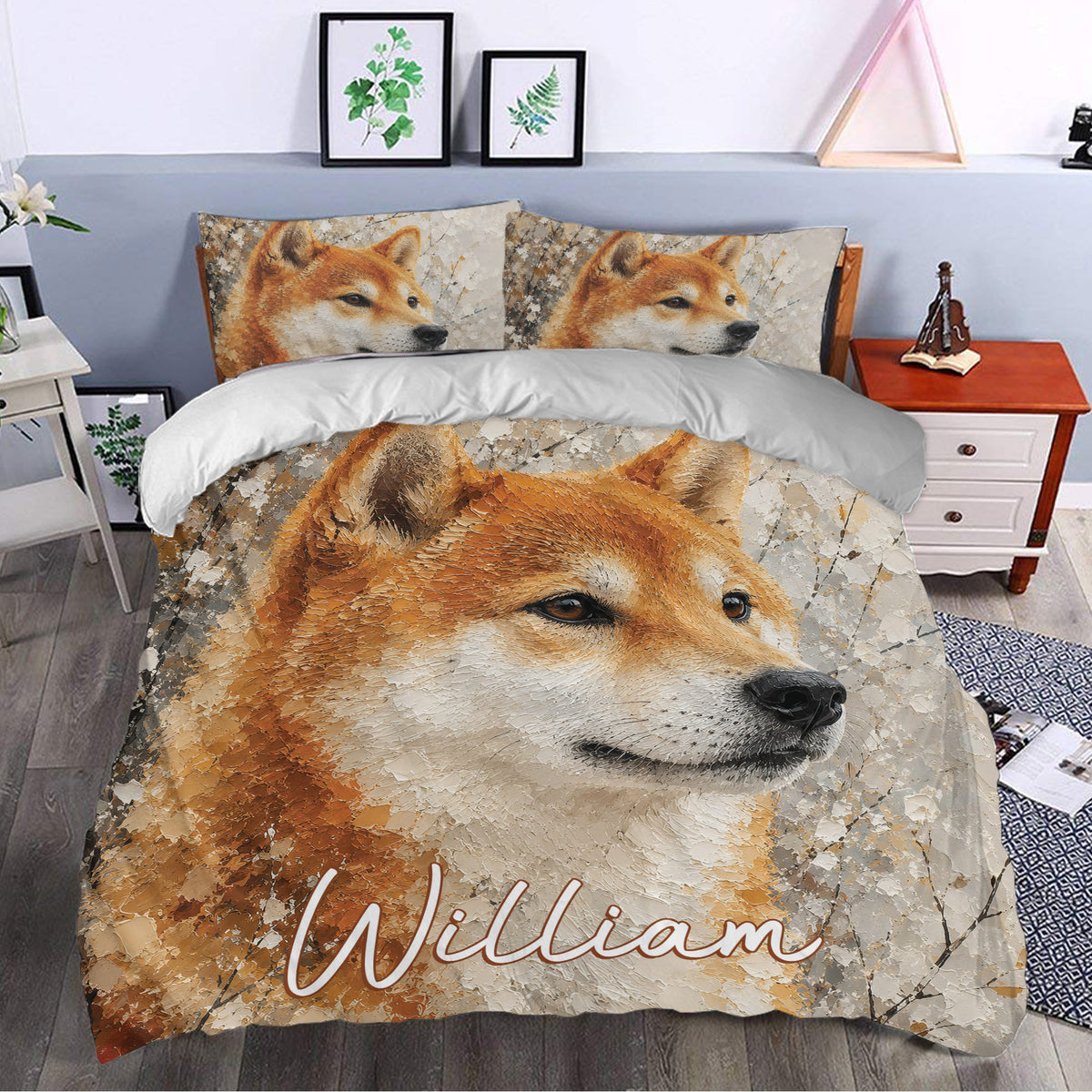Shiba Inu duvet cover set styled in a modern bedroom with matching pillowcases and warm artistic dog design