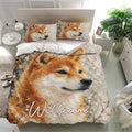 Shiba Inu bedding set presented in a bright bedroom with large orange dog portrait and matching pillowcases