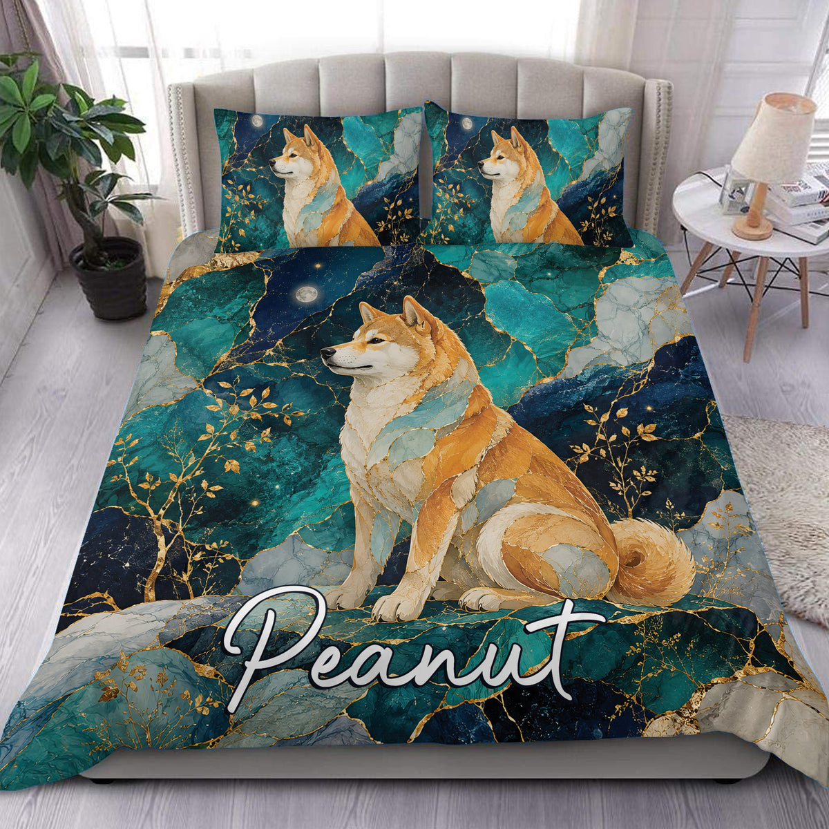 Shiba Inu duvet cover set displayed on a bed with teal, navy, gold, and marble-inspired artwork