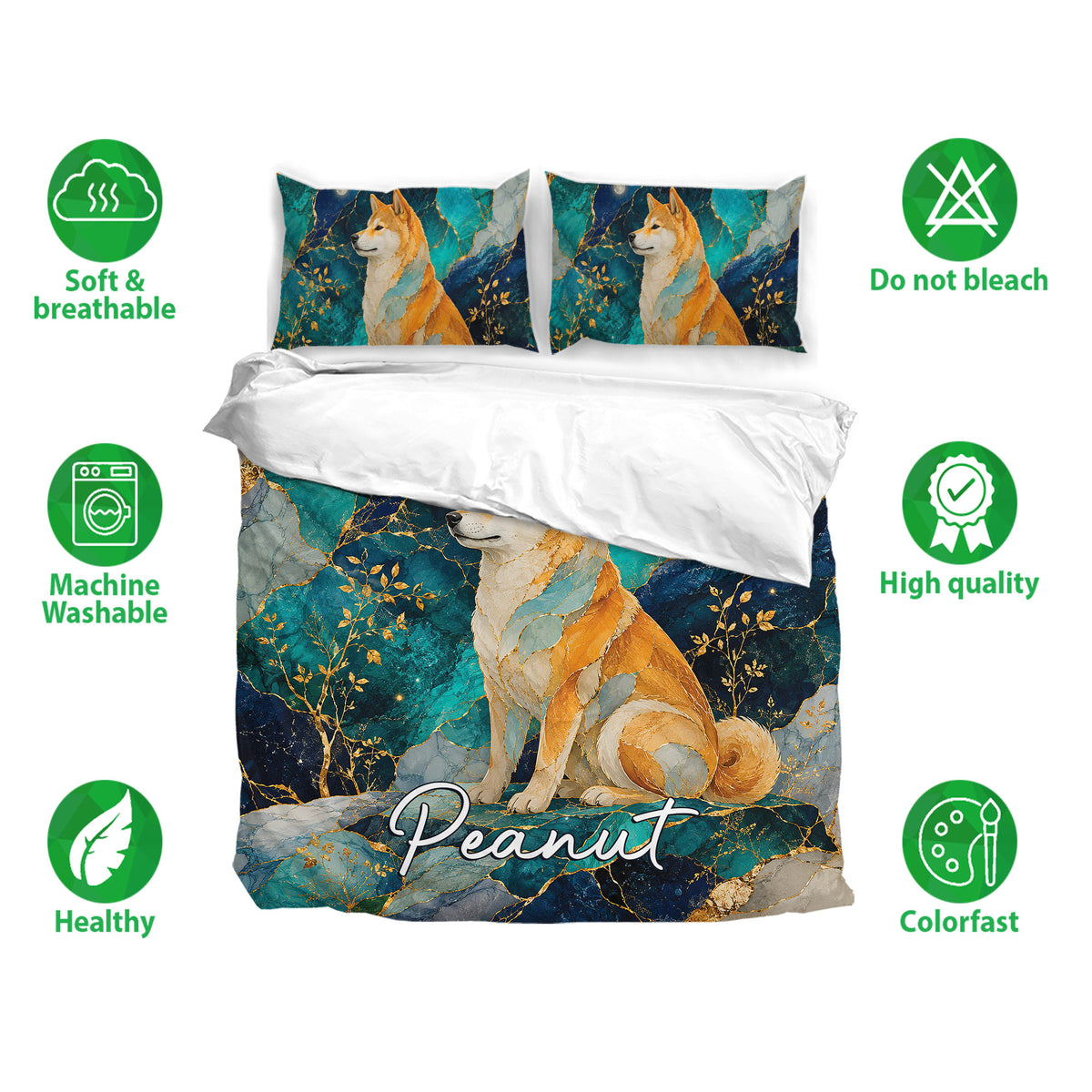 Shiba Inu bedding set with matching pillowcases, teal and navy artwork, and soft breathable design icons