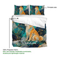 Shiba Inu duvet cover and matching pillowcases shown with a teal, navy, and gold printable artwork design