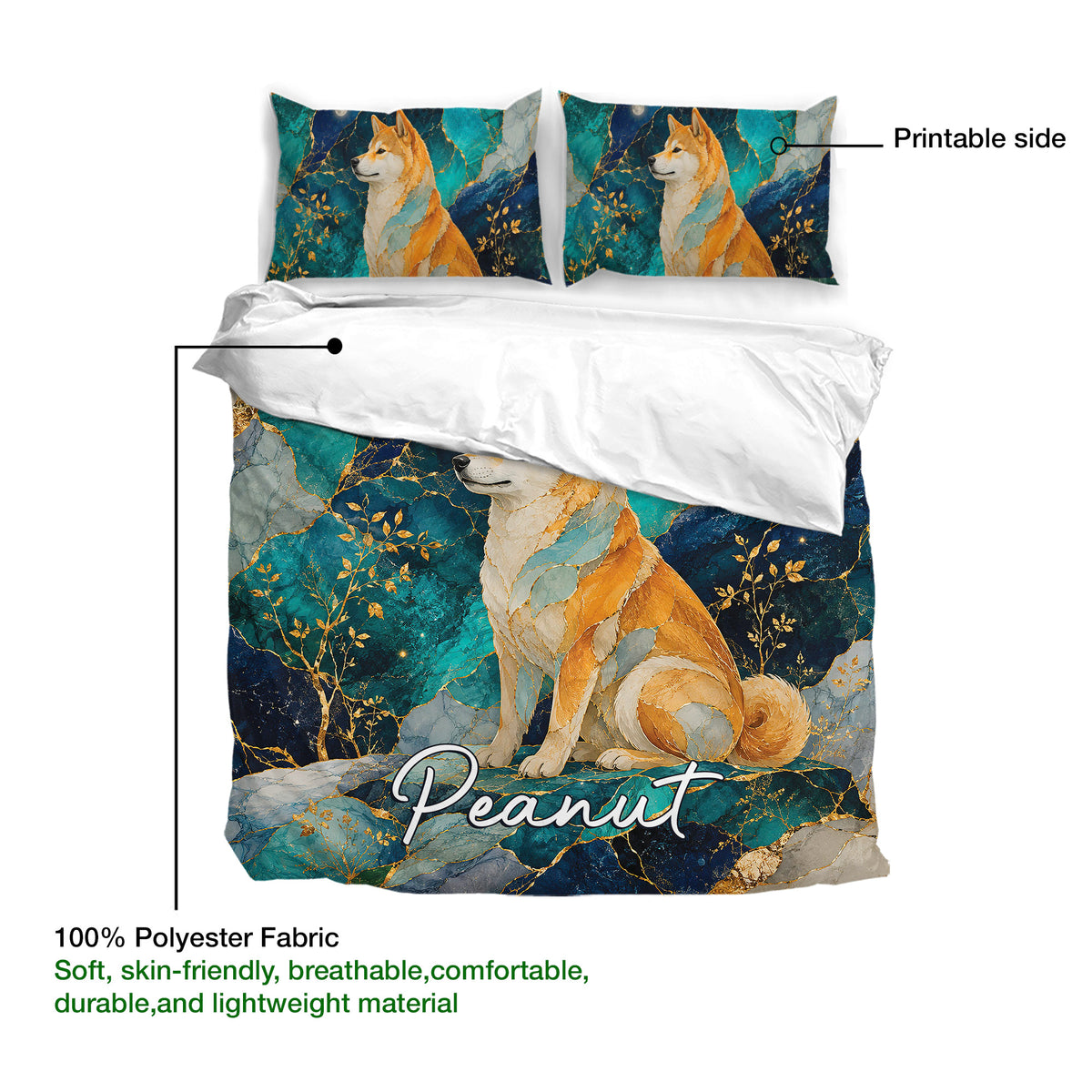 Shiba Inu duvet cover and matching pillowcases shown with a teal, navy, and gold printable artwork design