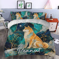 Shiba Inu duvet cover styled in a bedroom with rich teal, navy, gold, and botanical marble-inspired details