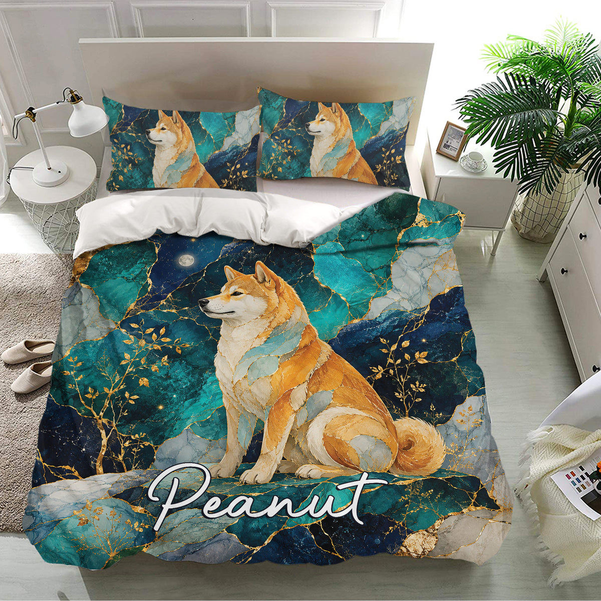 Shiba Inu bedding set presented in a bright bedroom with matching pillowcases and colorful artistic dog design