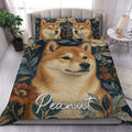 Shiba Inu duvet cover bedding set with floral artwork in navy, rust, cream, and gold