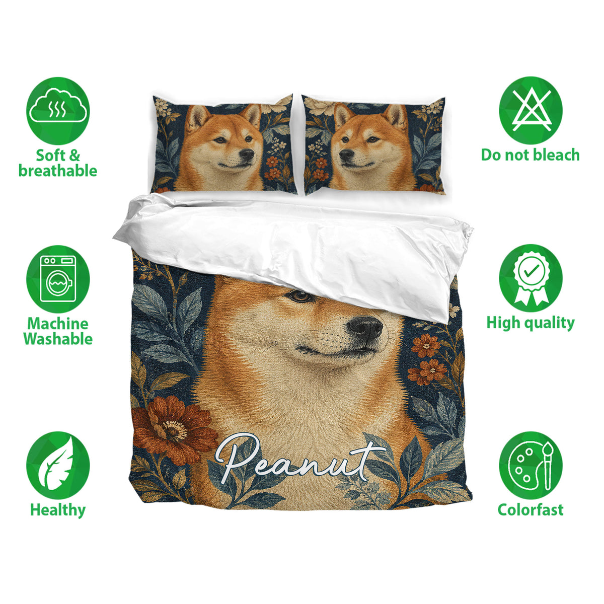 Shiba Inu duvet cover set displayed with matching pillowcases and soft breathable fabric callouts