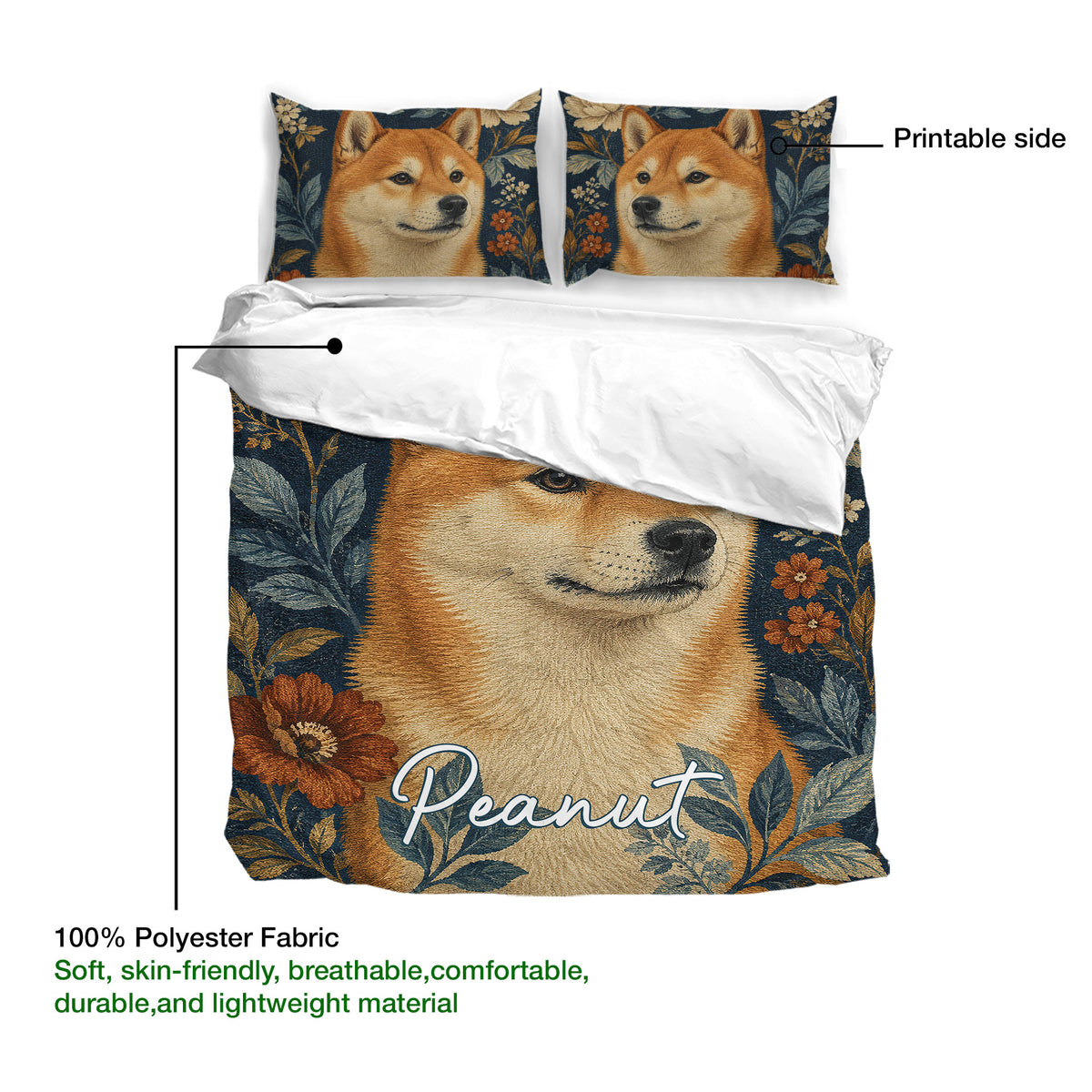 Shiba Inu duvet cover bedding set showing the printable side and 100% polyester fabric callout