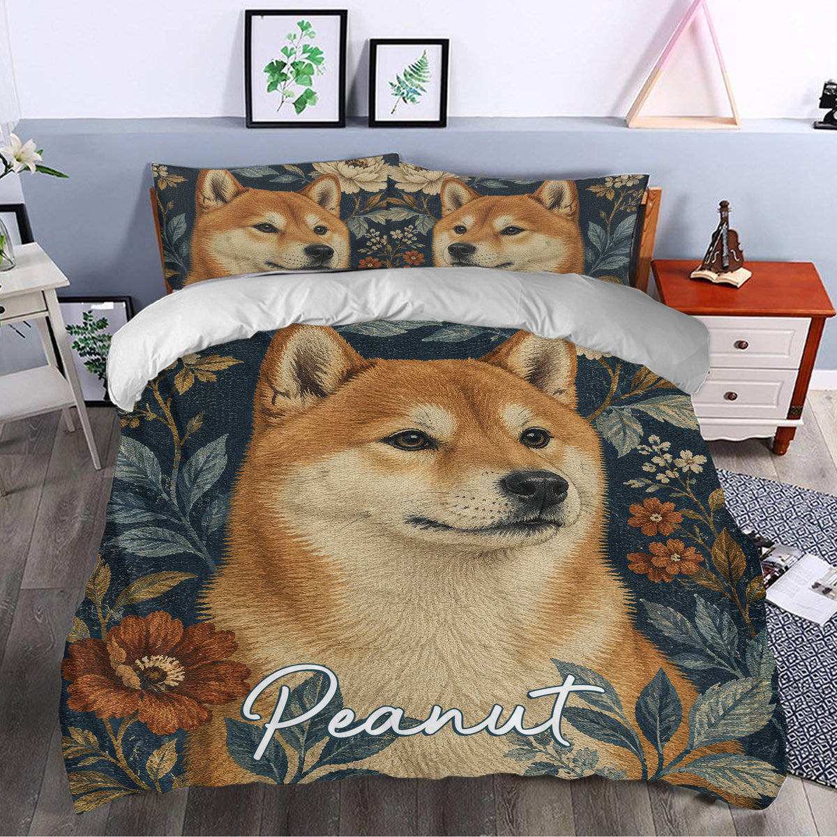 Shiba Inu duvet cover set styled in a bedroom with vintage floral dog artwork