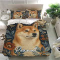 Shiba Inu bedding set presented in a bright bedroom with navy floral design and matching pillows