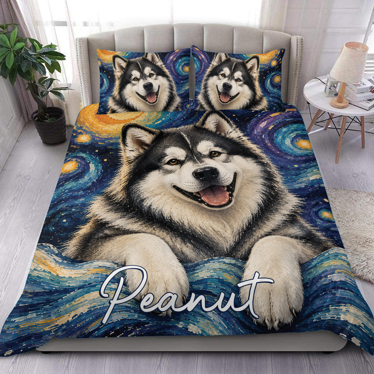 Alaskan Malamute duvet cover set displayed on a bed with blue, gold, and purple cosmic artwork