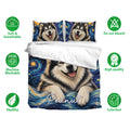 Alaskan Malamute bedding set with matching pillowcases and vibrant blue artistic dog design