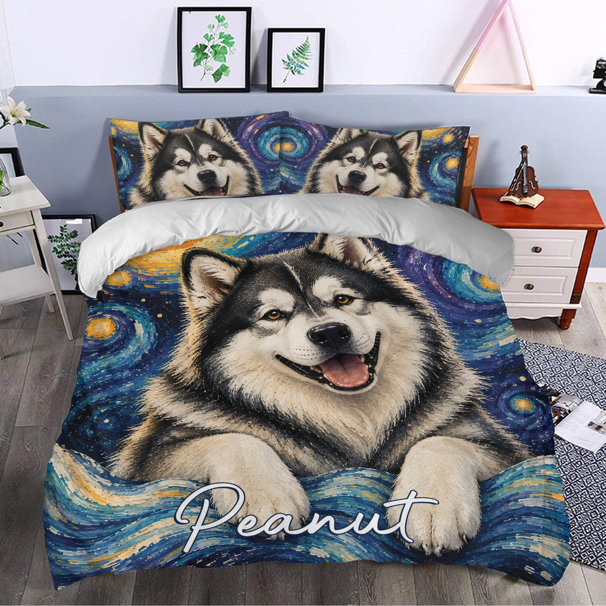 Alaskan Malamute duvet cover styled in a modern bedroom with expressive blue and gold artwork