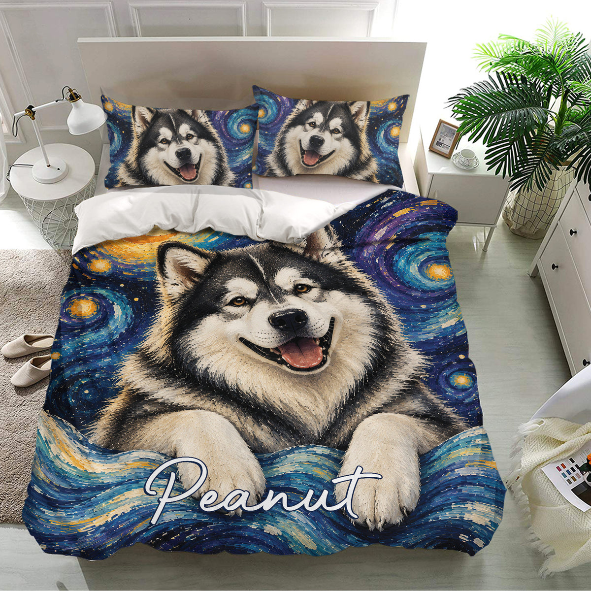Alaskan Malamute bedding set presented in a bright bedroom with matching artistic pillowcases