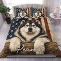 Alaskan Malamute duvet cover set with patriotic stars and stripes artwork styled in a modern bedroom