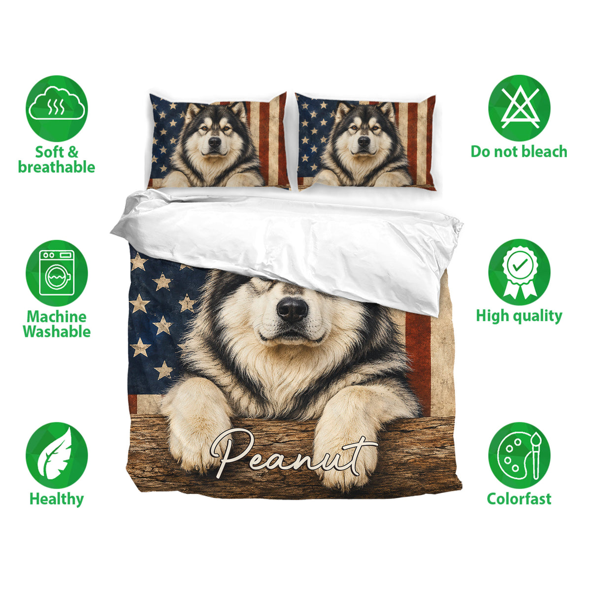 Alaskan Malamute bedding set shown with matching pillowcases and bold navy, cream, and red artwork
