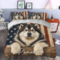 Alaskan Malamute bedding displayed in a bedroom with patriotic stars and stripes decor