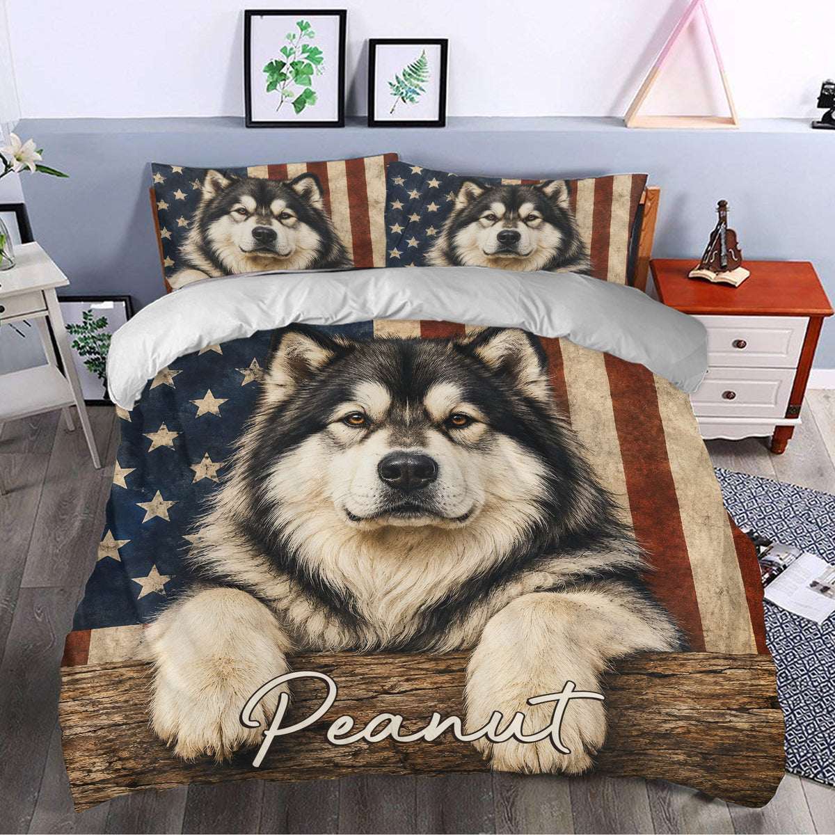 Alaskan Malamute bedding displayed in a bedroom with patriotic stars and stripes decor