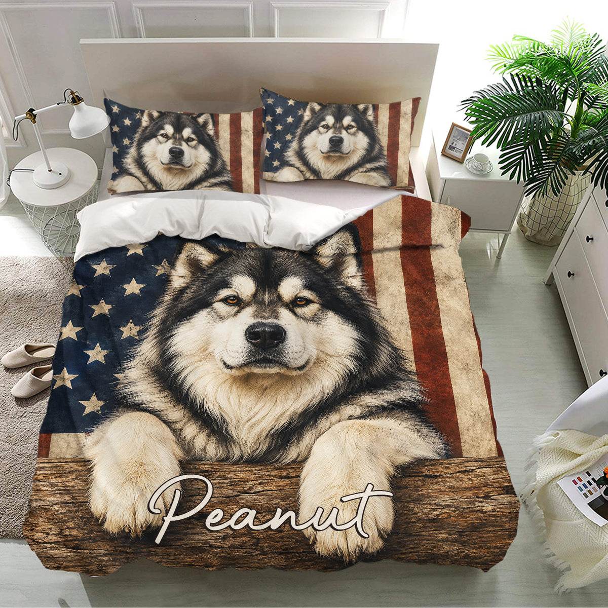 Alaskan Malamute duvet cover bedding set styled in a bright bedroom with matching printed pillowcases